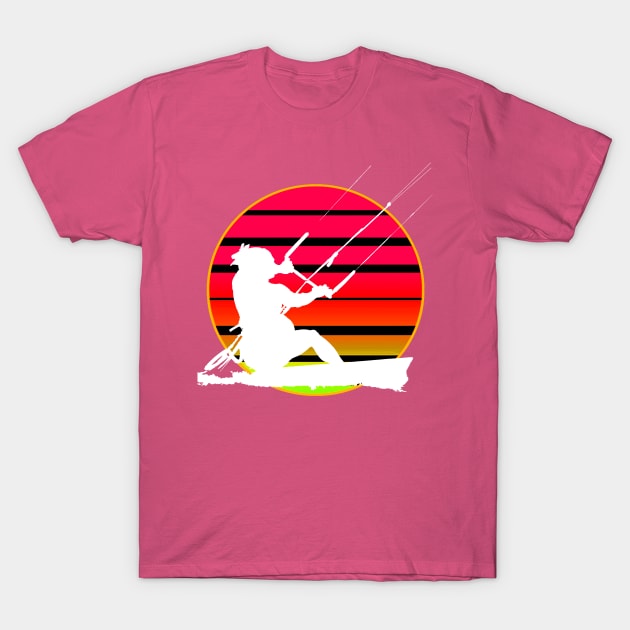 Retro Sunset KiteSurfer Riding A Wave White Silhouette T-Shirt by taiche